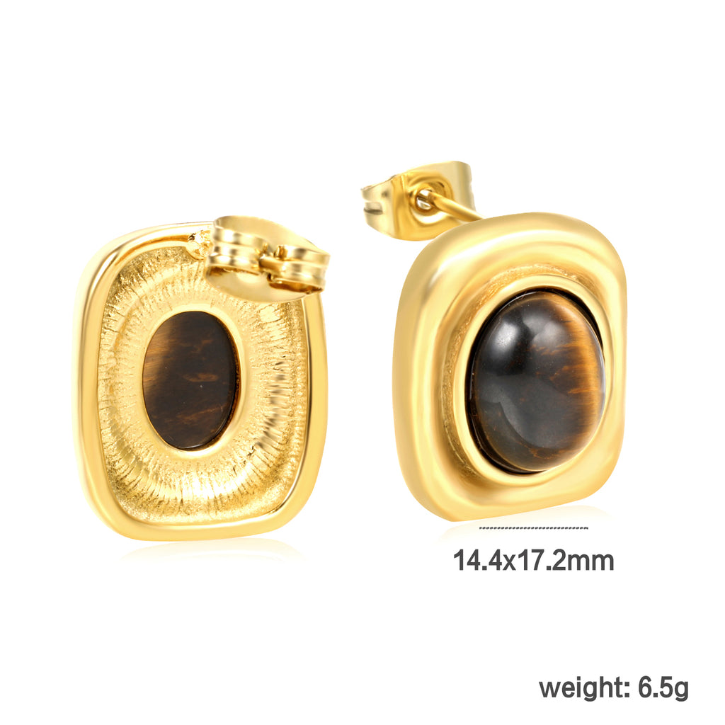 14.4*17.2mm square + oval tiger eye stone stud earrings Gold color