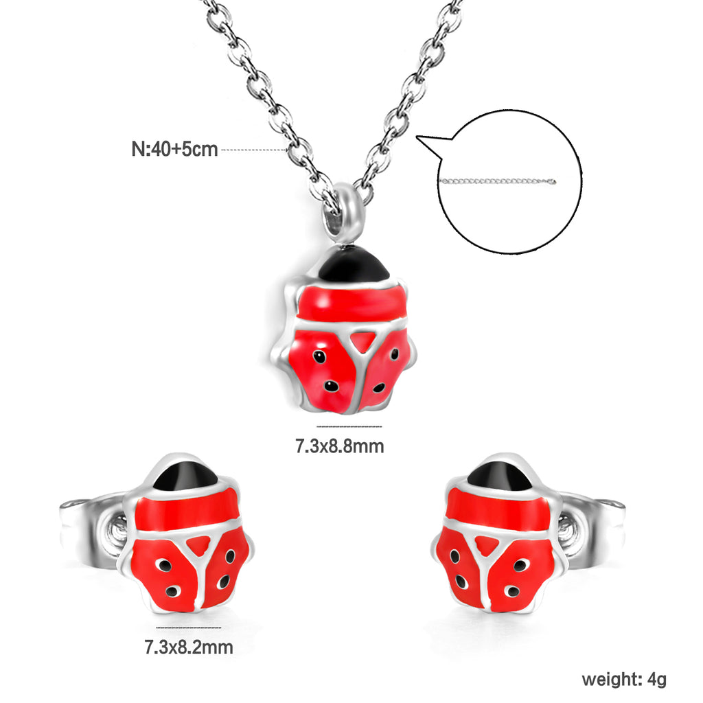 Seven star ladybug set Steel color/golden earrings: 7.3*8.2mm Pendant: 7.3*8.8mm0.3 Cross chain 40+5cm+6mm round plate