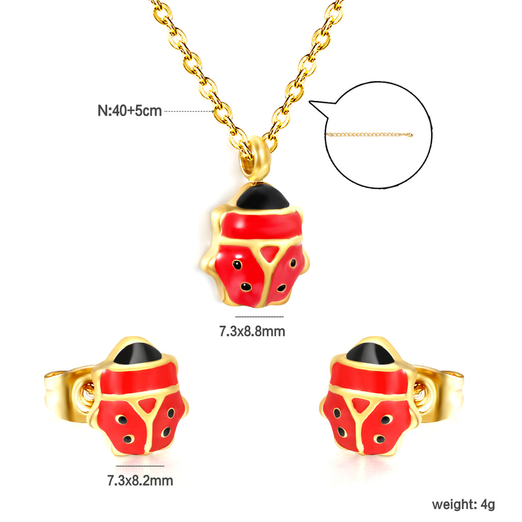 Seven star ladybug set Steel color/golden earrings: 7.3*8.2mm Pendant: 7.3*8.8mm0.3 Cross chain 40+5cm+6mm round plate