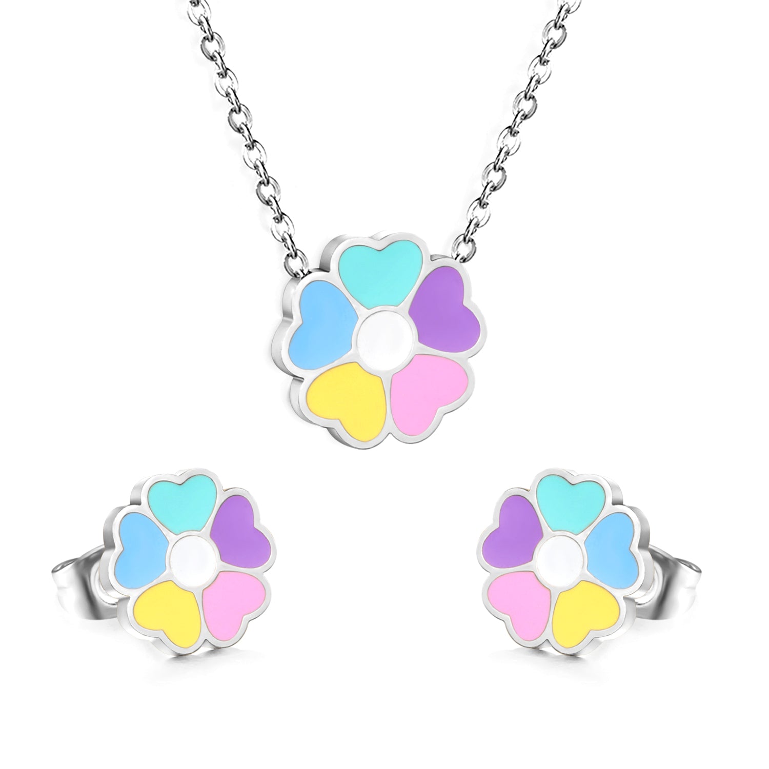 Colorful Flowers Set Steel/Gold Earrings:10.4*10.4mm Pendant:12.2*11.8mm 0.3 Cross Chain 42+5cm+6mm Round Plaque asonjewelry