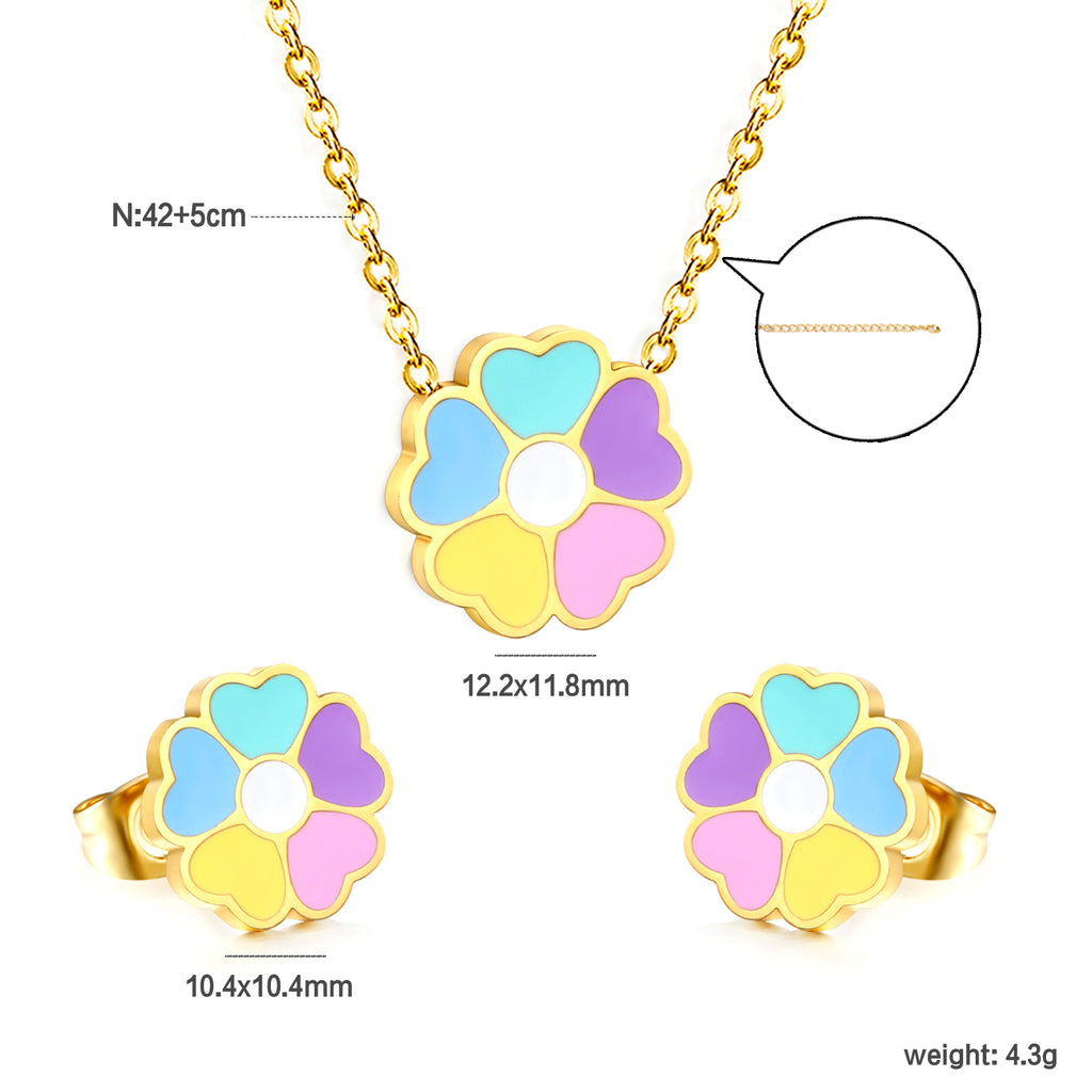 Colorful Flowers Set Steel/Gold Earrings:10.4*10.4mm Pendant:12.2*11.8mm 0.3 Cross Chain 42+5cm+6mm Round Plaque