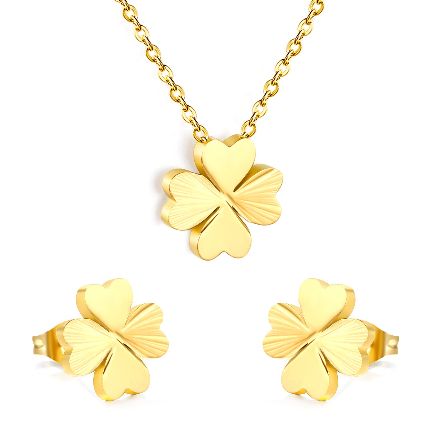 Four-leaf clover set, gold. Ear studs: 11.7 x 12mm. Pendant: 12 x 13.6mm. 0.35 cross chain 40+5cm + 10 x 2mm square pendant. asonjewelry