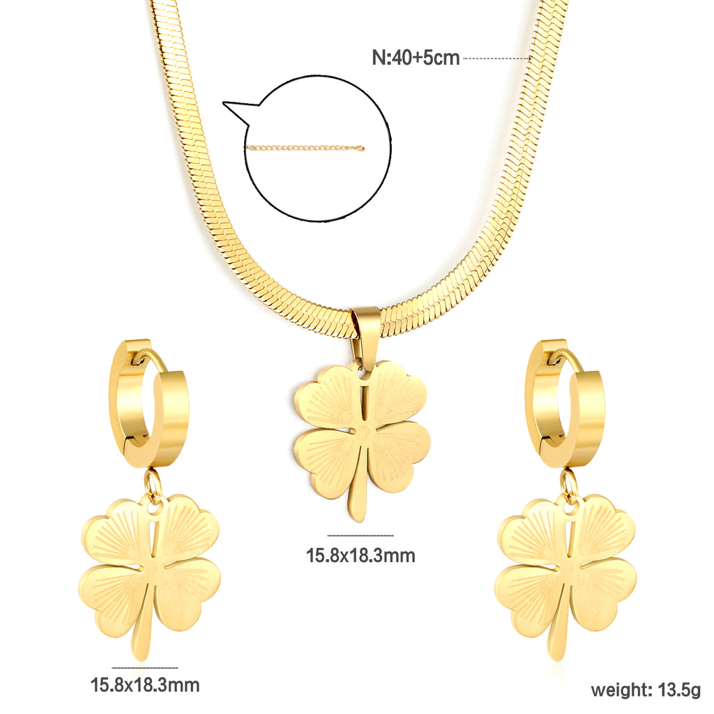 Four Leaf Clover Necklace Earring Set Gold Earrings: 15.8*18.3mm Pendant: 15.8*18.3mm3.2 Push Dense Chain 40+5cm+6mm Round Tail Plaque