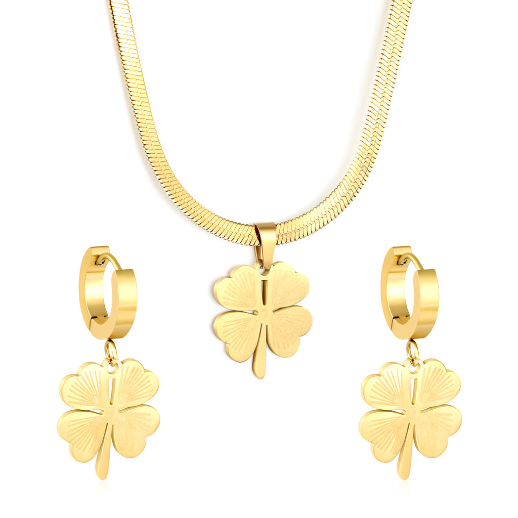 Four Leaf Clover Necklace Earring Set Gold Earrings: 15.8*18.3mm Pendant: 15.8*18.3mm3.2 Push Dense Chain 40+5cm+6mm Round Tail Plaque