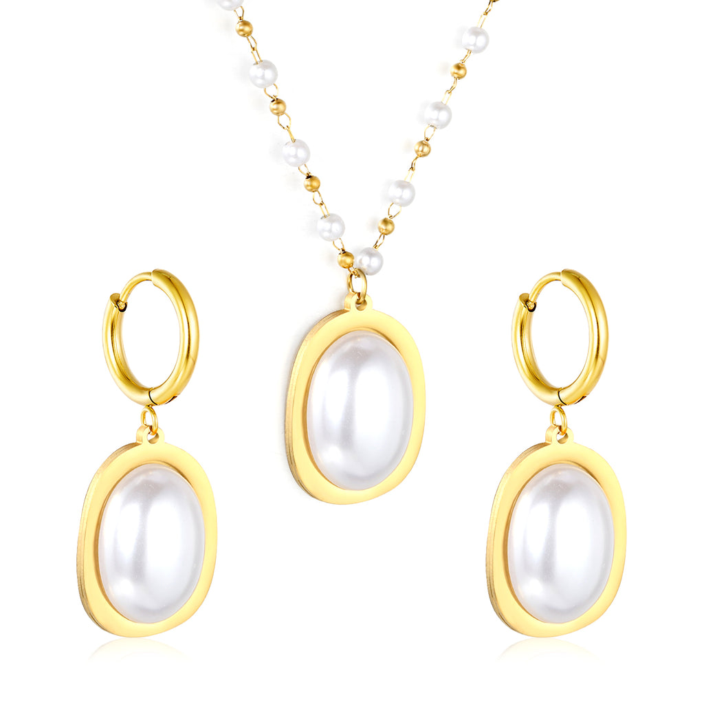 Pearl Necklace Earrings Set Gold Earrings: 16.3*23.6mm Pendant: 16.3*23.6mm 3mm Pearl + 1.9mm Steel Bead Chain 40+5cm+6mm Round Tail Plaque
