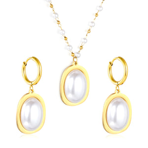 Pearl Necklace Earrings Set Gold Earrings: 16.3*23.6mm Pendant: 16.3*23.6mm 3mm Pearl + 1.9mm Steel Bead Chain 40+5cm+6mm Round Tail Plaque