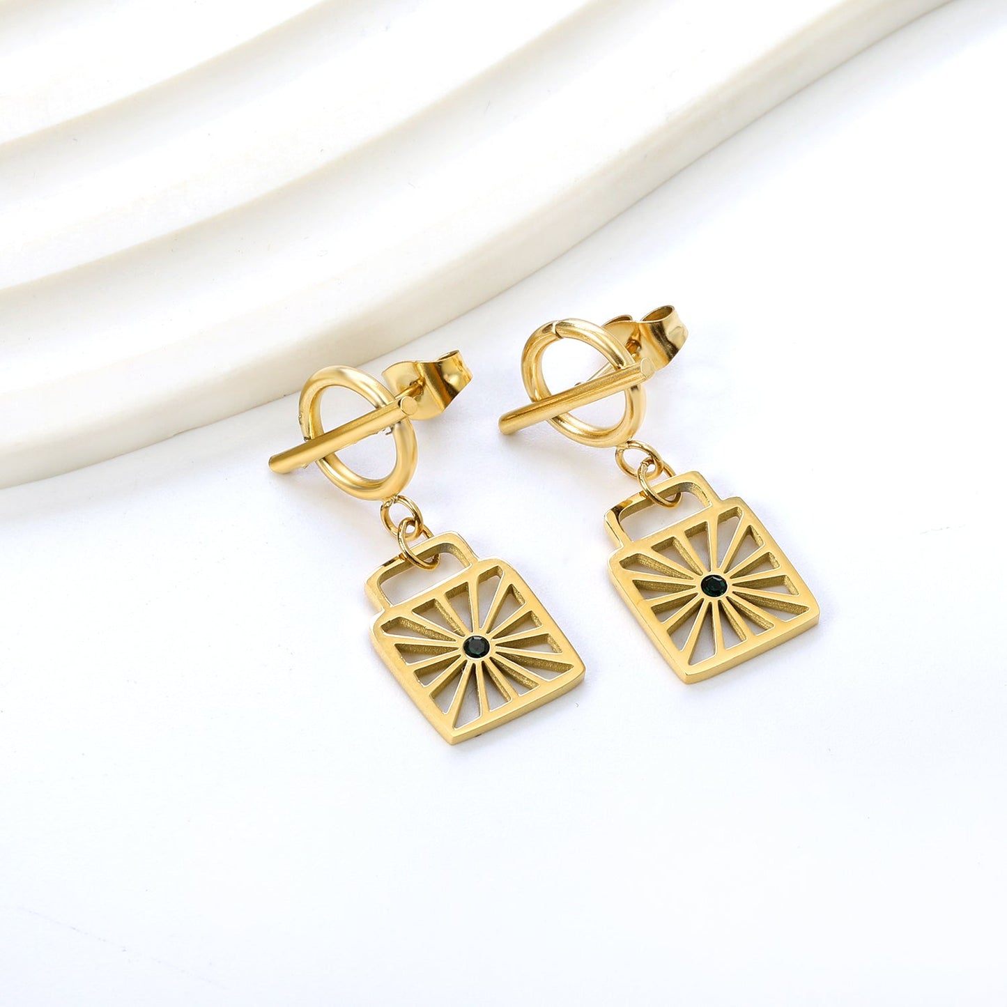 Square Cutout with Green Diamonds + Round Circle Horizontal Bar Earrings 15*28mm asonjewelry