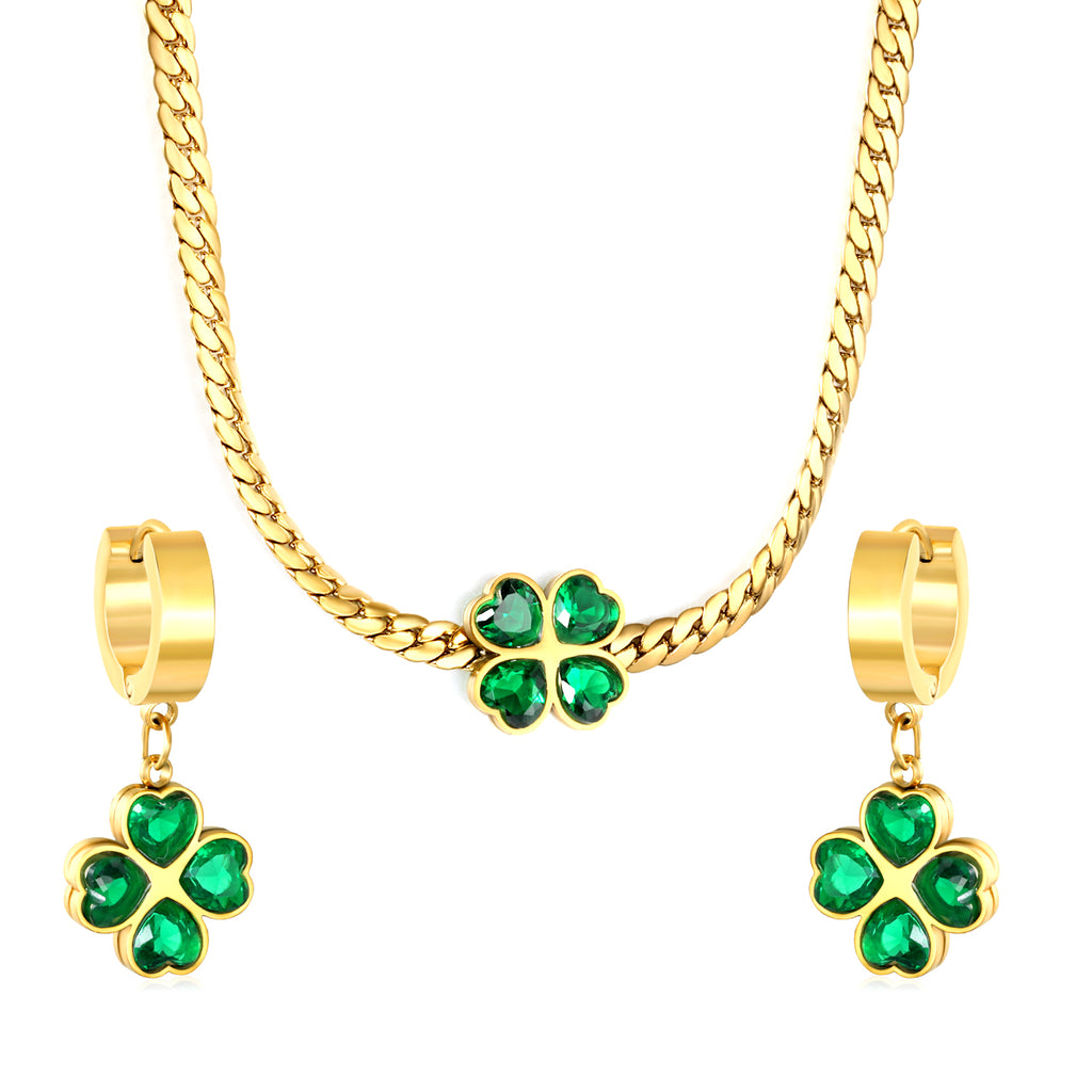 Quadruple Leaf Zirconia Necklace Earrings Set Gold Earrings: 13.4*13.6mm Pendant: 12.1*12.1mm3.8mm Gold Dragon Chain 40+5cm+11.2*3.7mm Square Tail Plaque