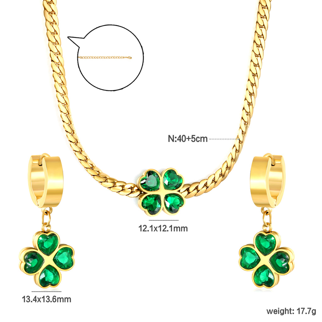 Quadruple Leaf Zirconia Necklace Earrings Set Gold Earrings: 13.4*13.6mm Pendant: 12.1*12.1mm3.8mm Gold Dragon Chain 40+5cm+11.2*3.7mm Square Tail Plaque