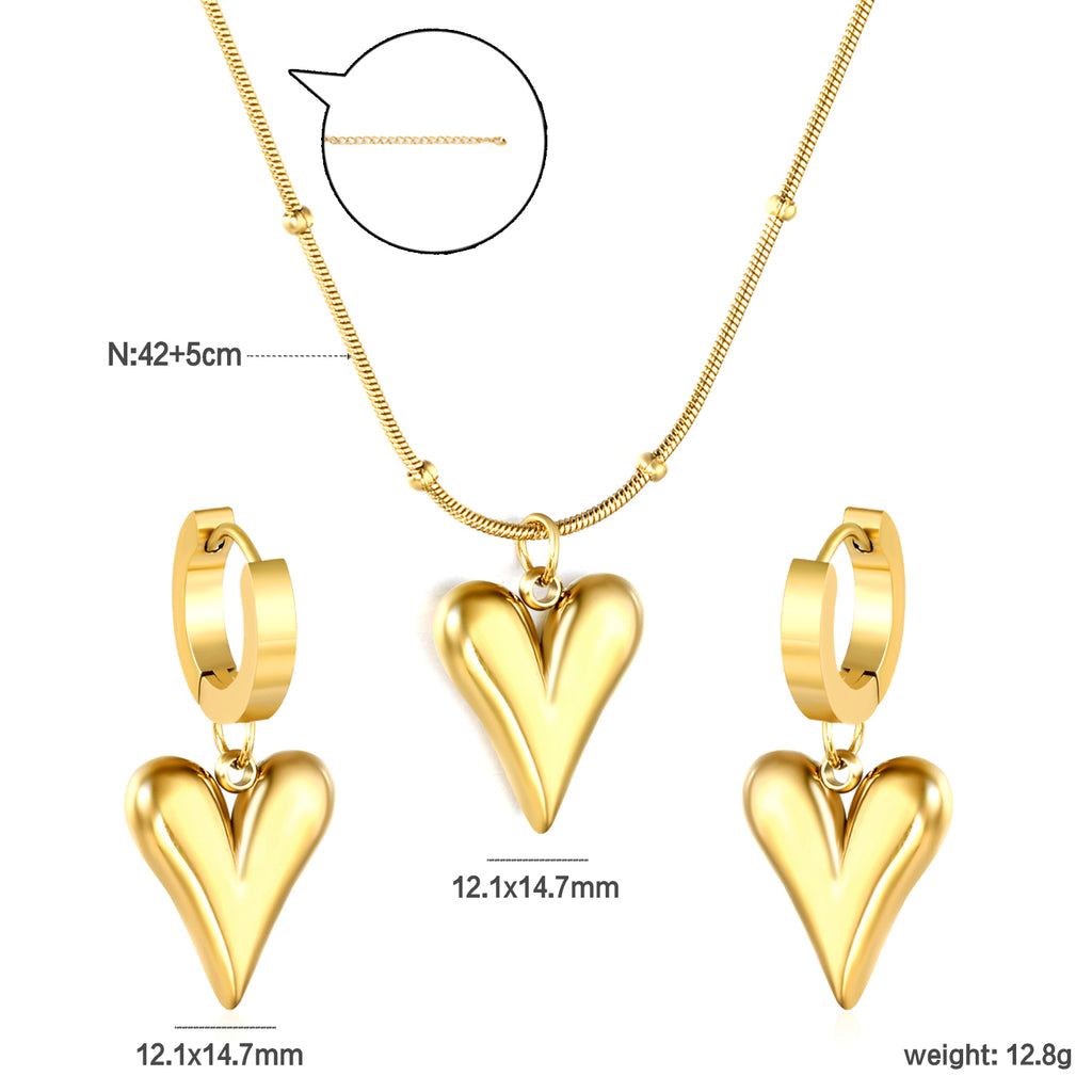 Pointed Heart Set Gold Earrings: 12.1*14.7mm Pendant: 12.1*14.7mm0.9 Round Snake Chain 42+5cm+6mm