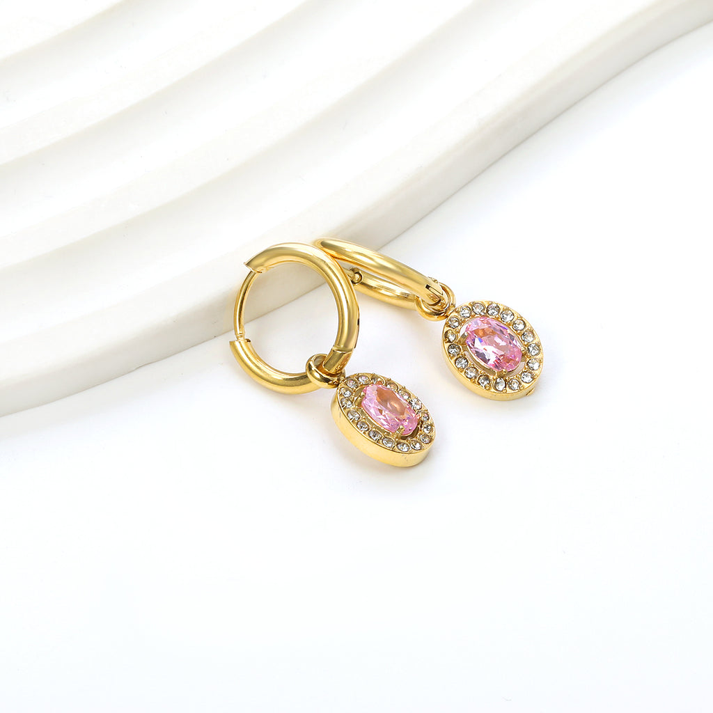 2x14.3mm Circle with Oval White&Red&Pink&Blue&Green Diamonds+White Diamond Hoop Earrings 8.4*10.2mm