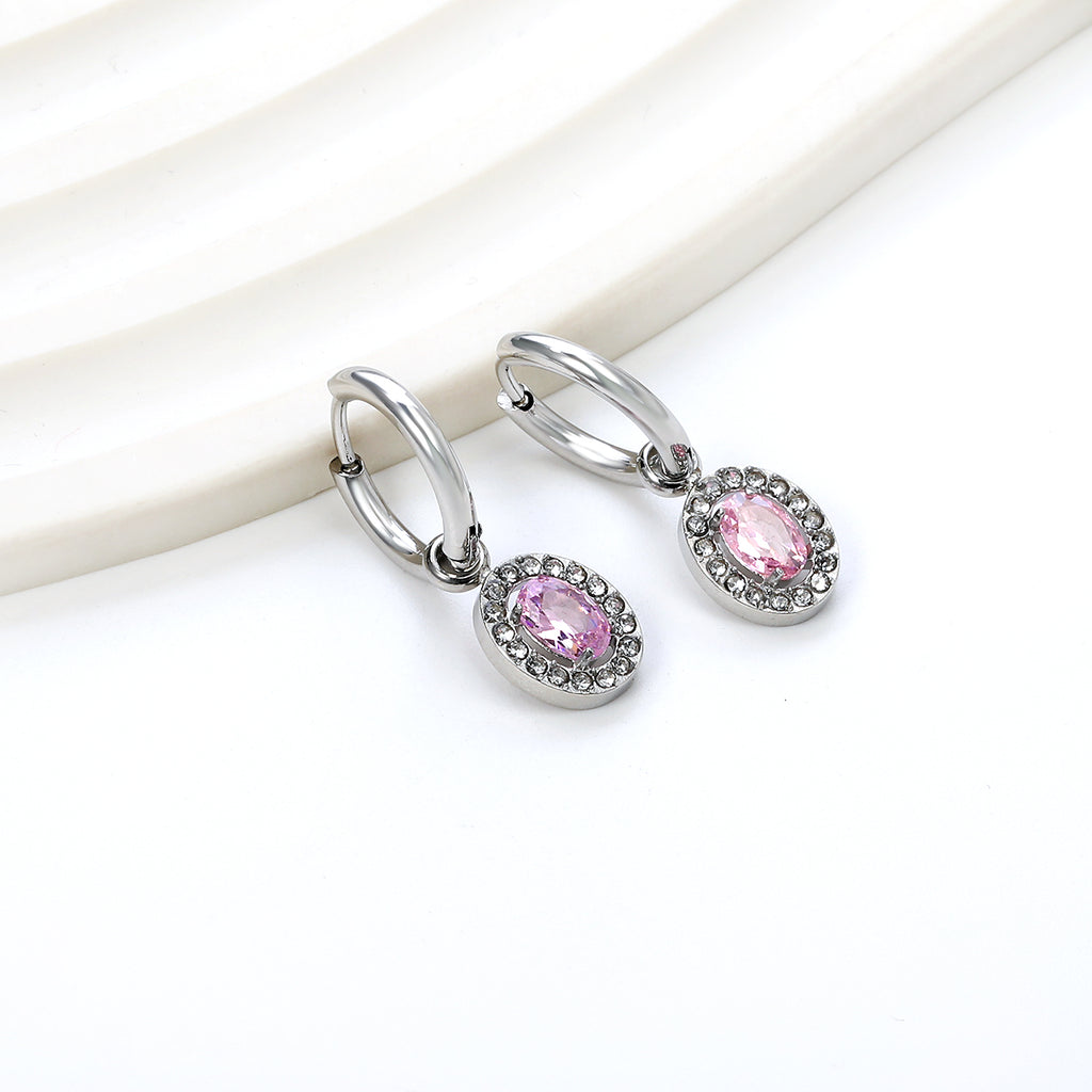 2x14.3mm Circle with Oval White&Red&Pink&Blue&Green Diamonds+White Diamond Hoop Earrings 8.4*10.2mm