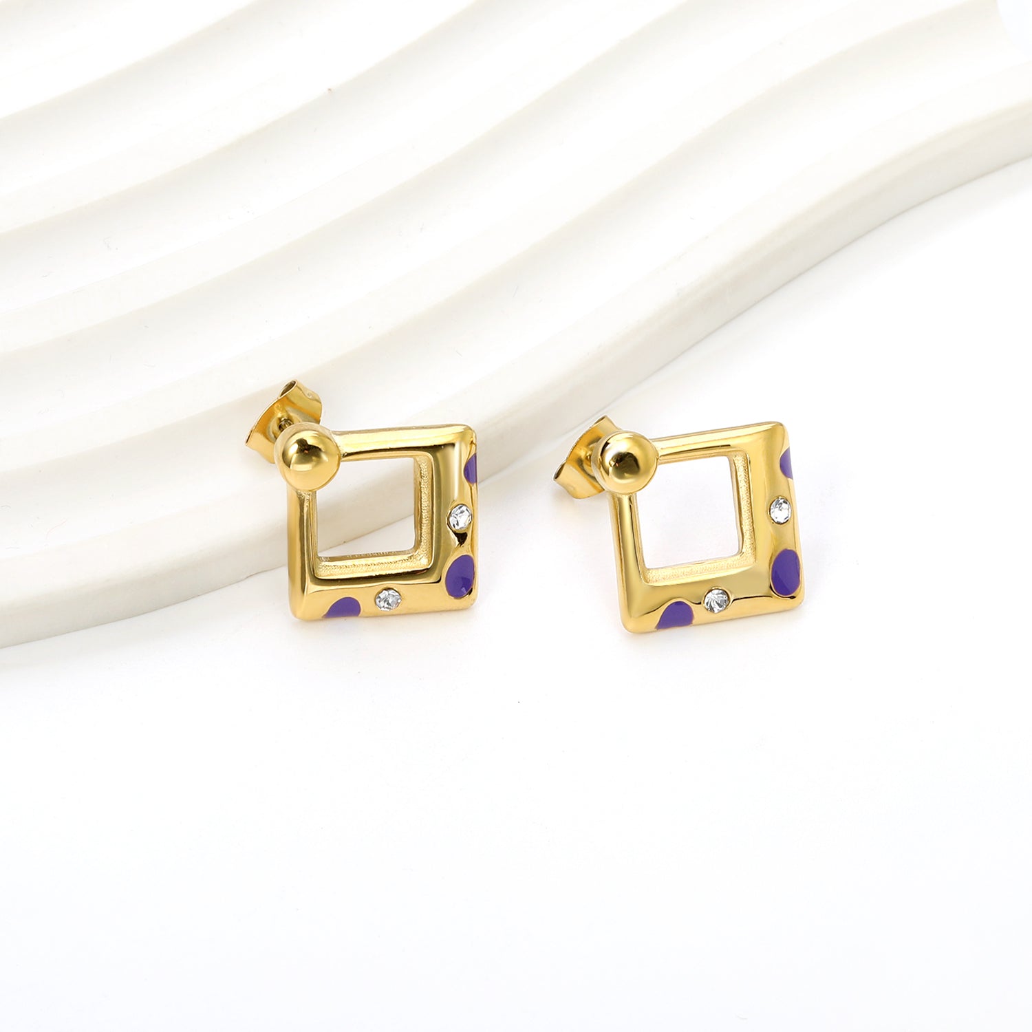 Square with purple oil drops with 2 white diamonds earrings 19.8*20.7mm asonjewelry