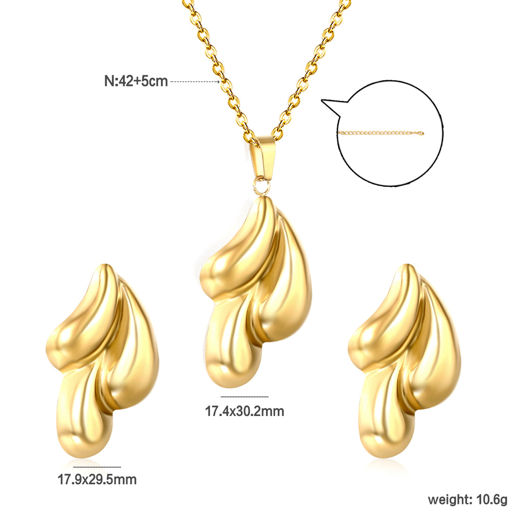 Oiled Concave & Convex Faceted Triple Teardrops Set Gold Earrings: 17.9*29.5mm Pendant: 17.4*30.2mm 0.35 Crucifixion Chain 42+5cm+6mm Round Tabs