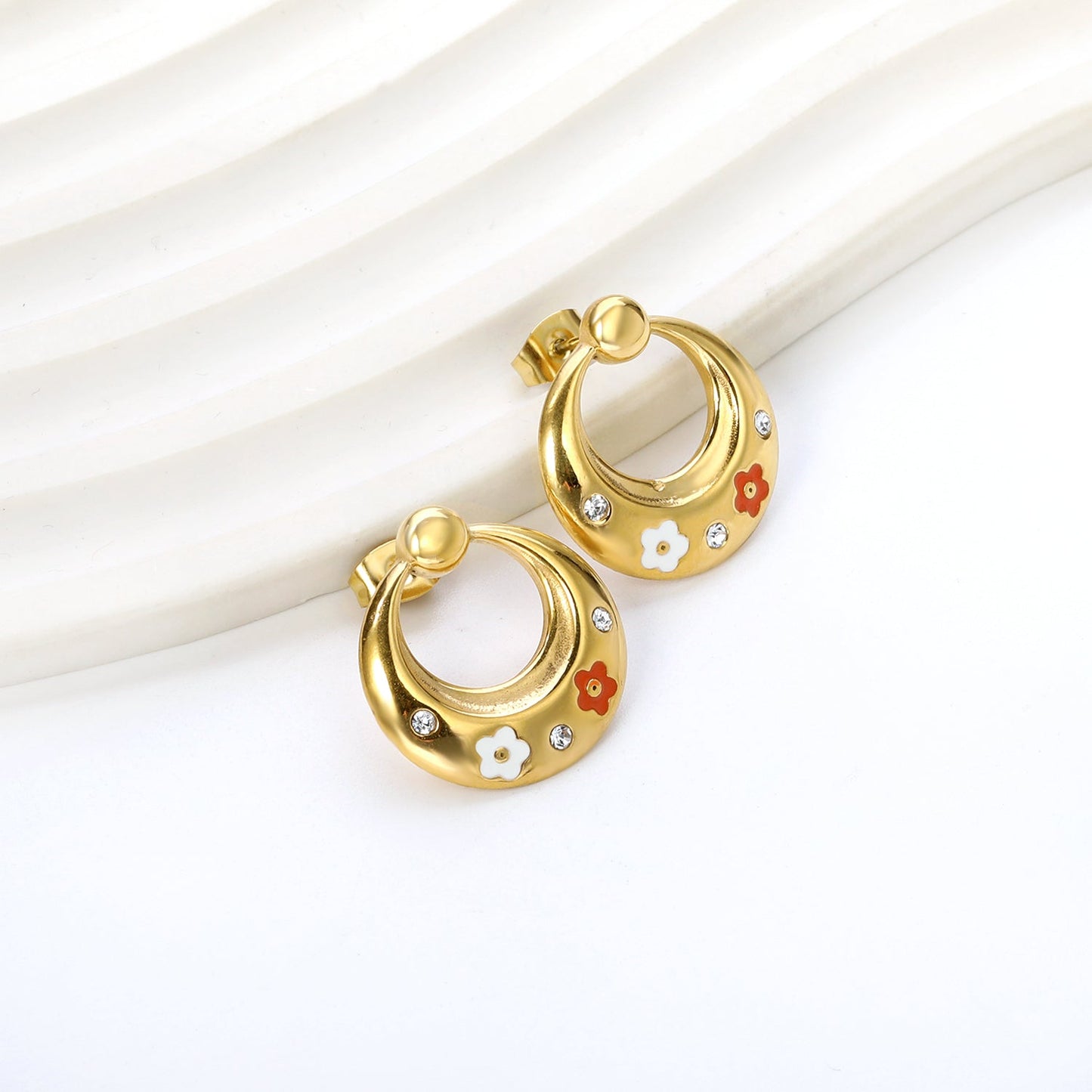 Oval Hoops with Mixed Color Flowers with White Diamonds Earrings 20*21mm asonjewelry