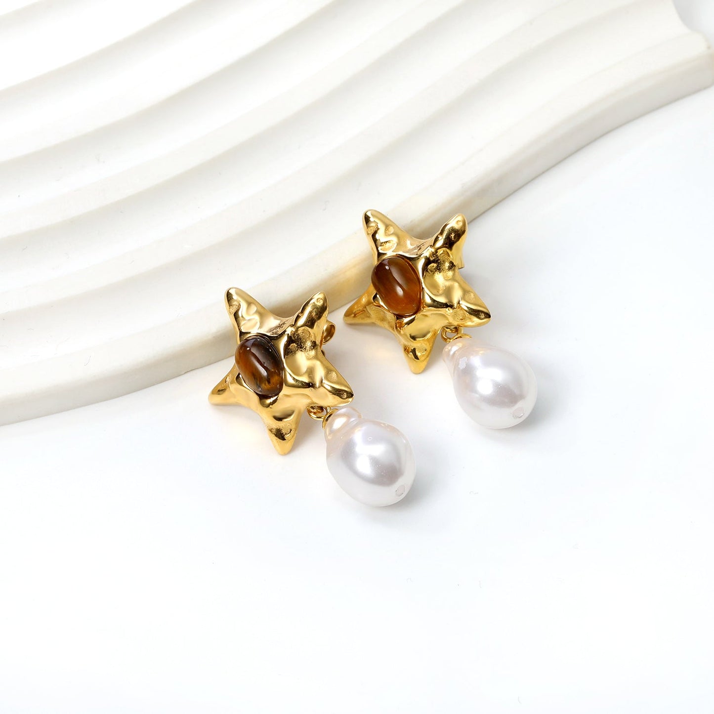 Starfish Pitted Faceted with Oval Brown Cat's Eye Stones + Shaped White Pearl Stud Earrings 21.5*36mm asonjewelry