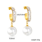 13.9mm imitation pearl pendant + 4.8*21.6mm C-shaped with white diamonds circle Earrings Golden