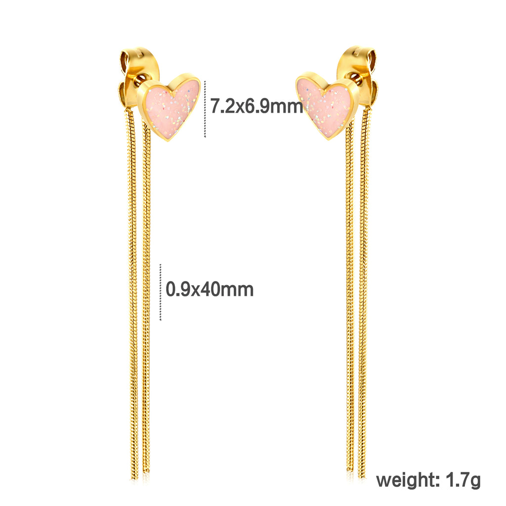 7.2*6.9mm Pink Drops Peach Heart + 0.9*40mm Round Snake Chain Tassel Earrings Gold