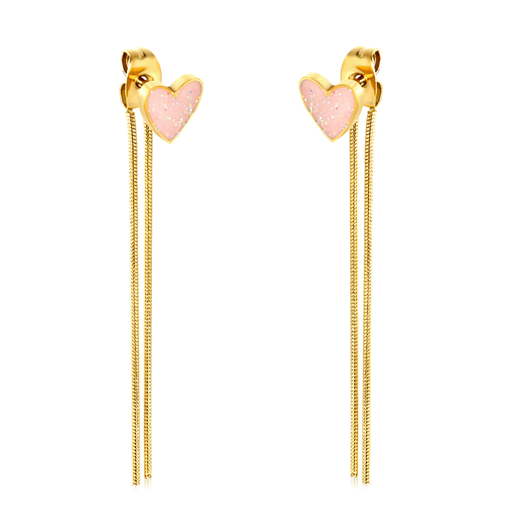 7.2*6.9mm Pink Drops Peach Heart + 0.9*40mm Round Snake Chain Tassel Earrings Gold