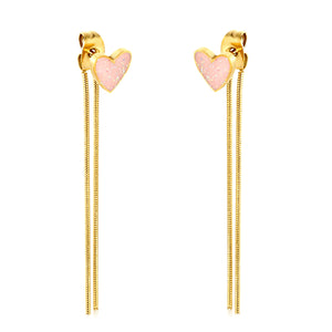 7.2*6.9mm Pink Drops Peach Heart + 0.9*40mm Round Snake Chain Tassel Earrings Gold
