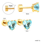 12 pair 6mm Steel/Gold Heart White/Black/Blue CZ Screw Plugs