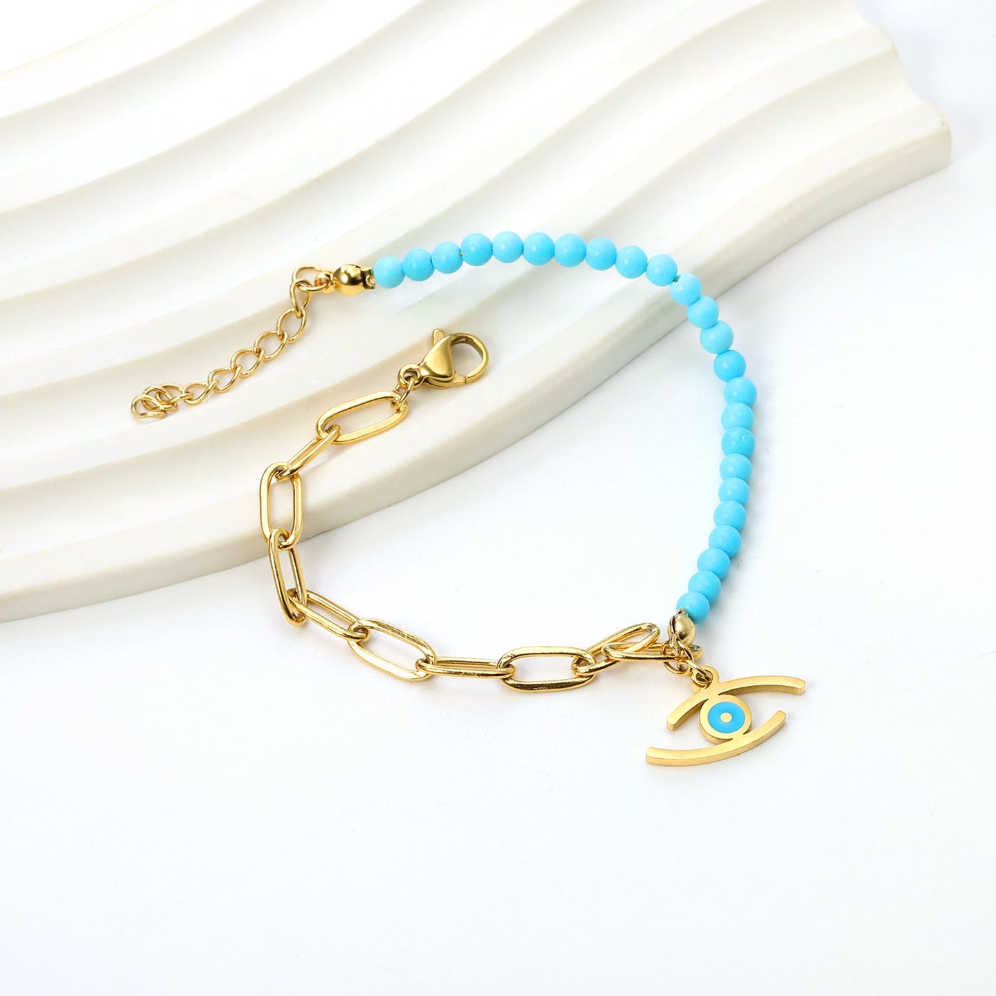 Lake blue eye pendant 17.8*8mm+blue beads+matching chain bracelet 18+3cm asonjewelry