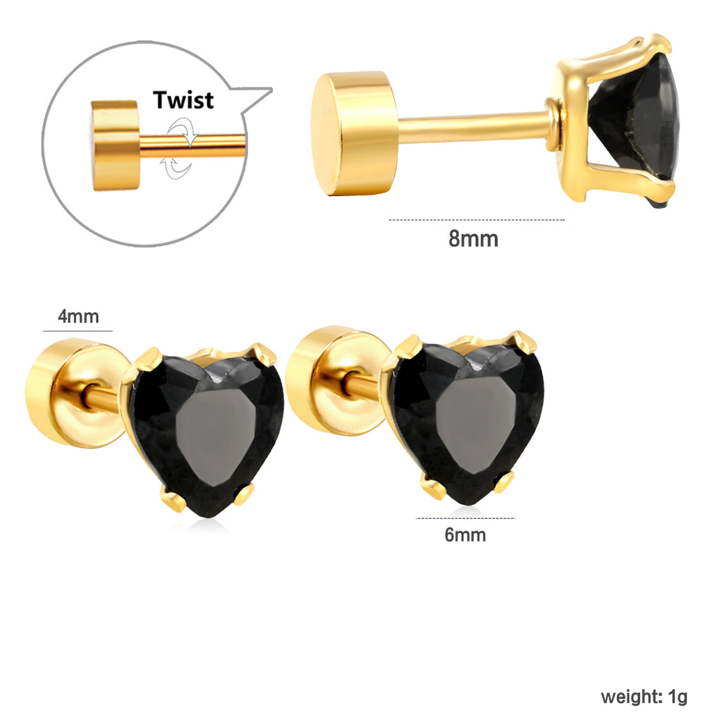 12 pair 6mm Steel/Gold Heart White/Black/Blue CZ Screw Plugs