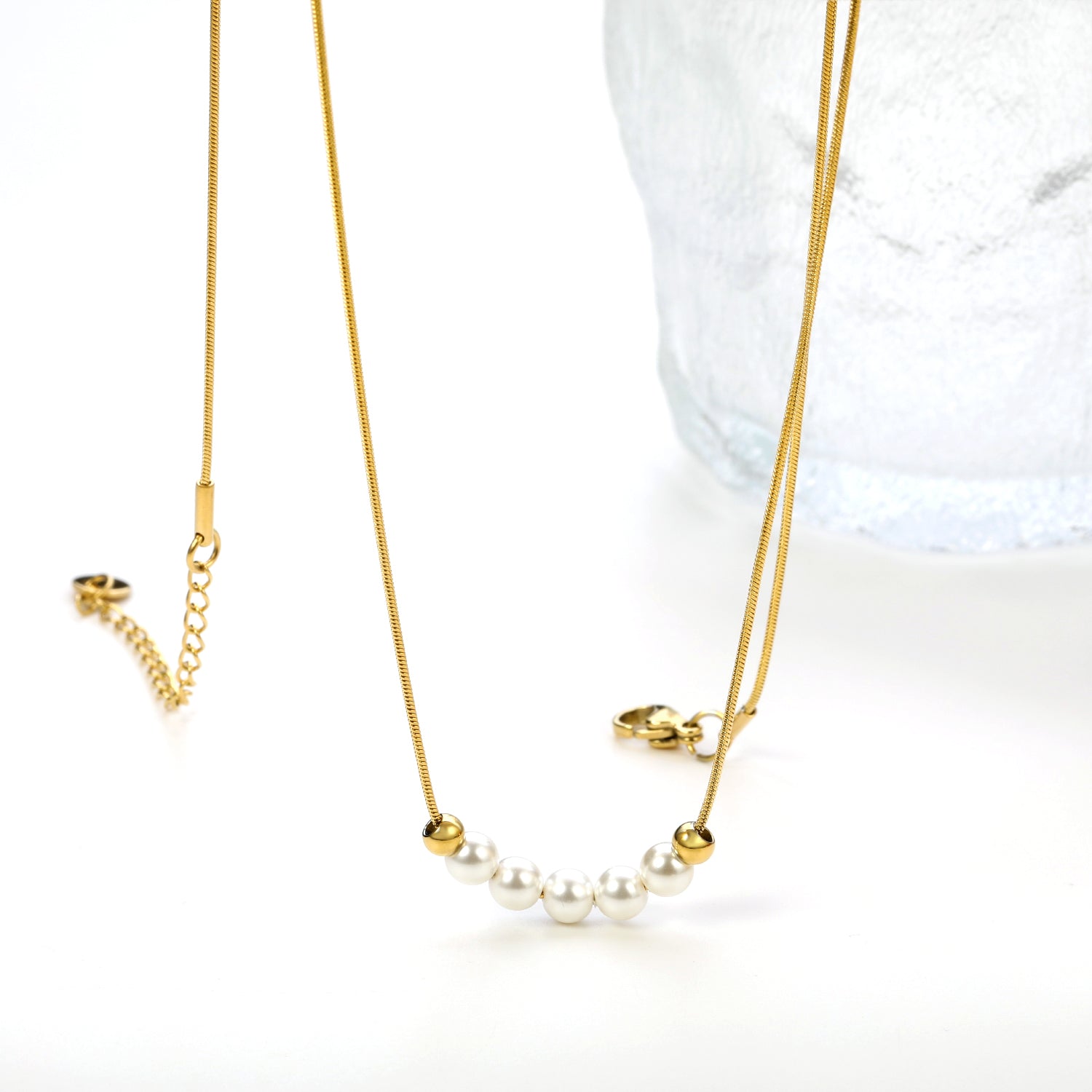 5 white pearls 4.9mm + 2 steel beads 3.9mm necklace 44+5cm asonjewelry