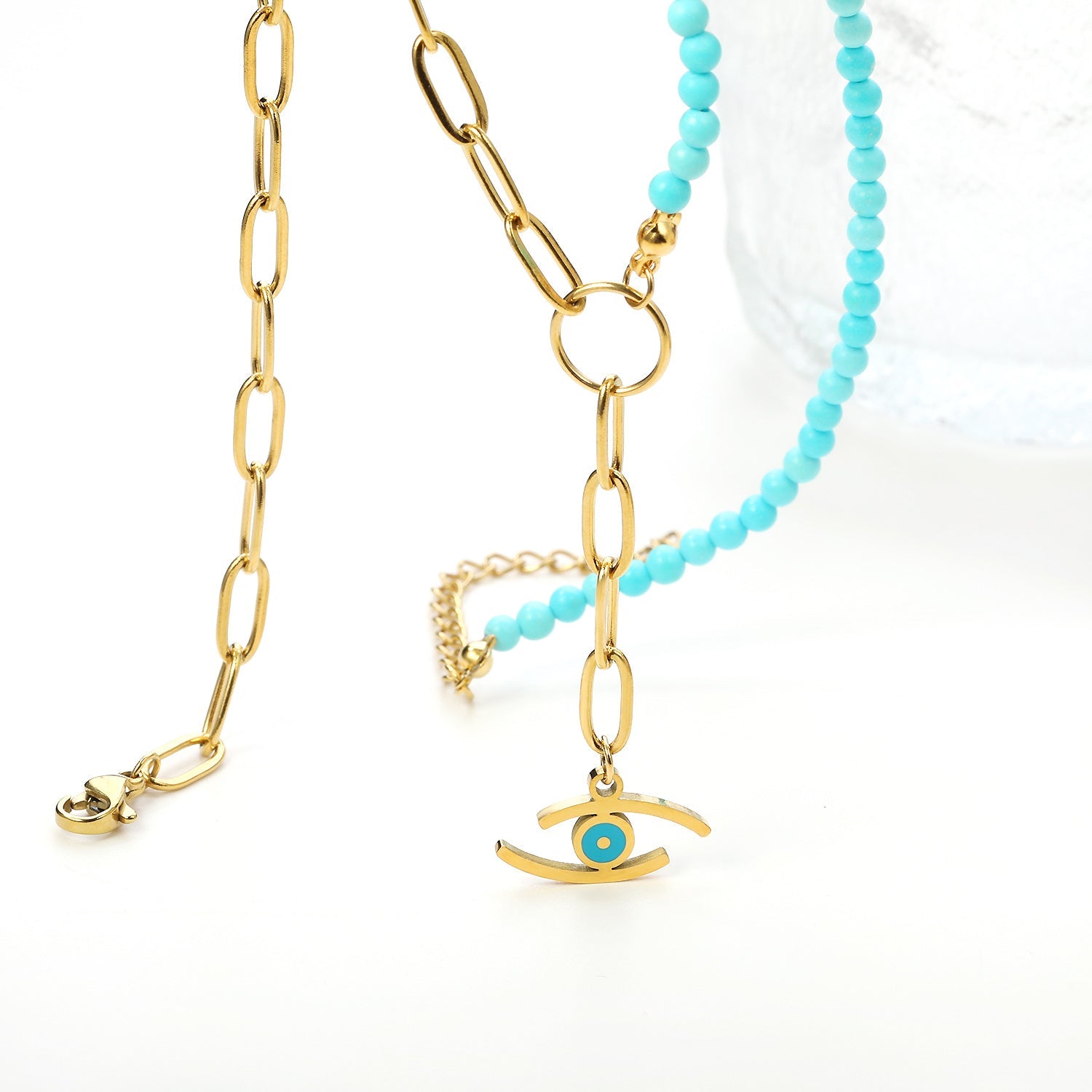 Lake blue eye pendant 17.8*7.6mm + half lake blue beads half matching chain necklace 40+5cm asonjewelry