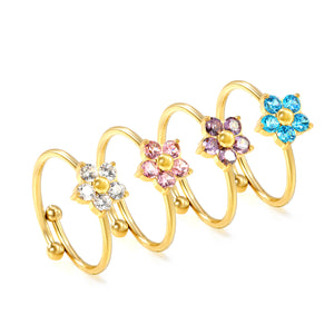 Gold - Plated Multi - Color Gemstone Flower - Shaped Open Rings