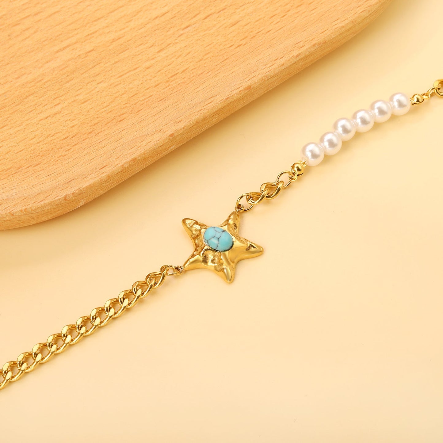Starfish with Oval Blue Turquoise 21.7mm + 6 White Pearls 6mm Bracelet 18+5cm asonjewelry