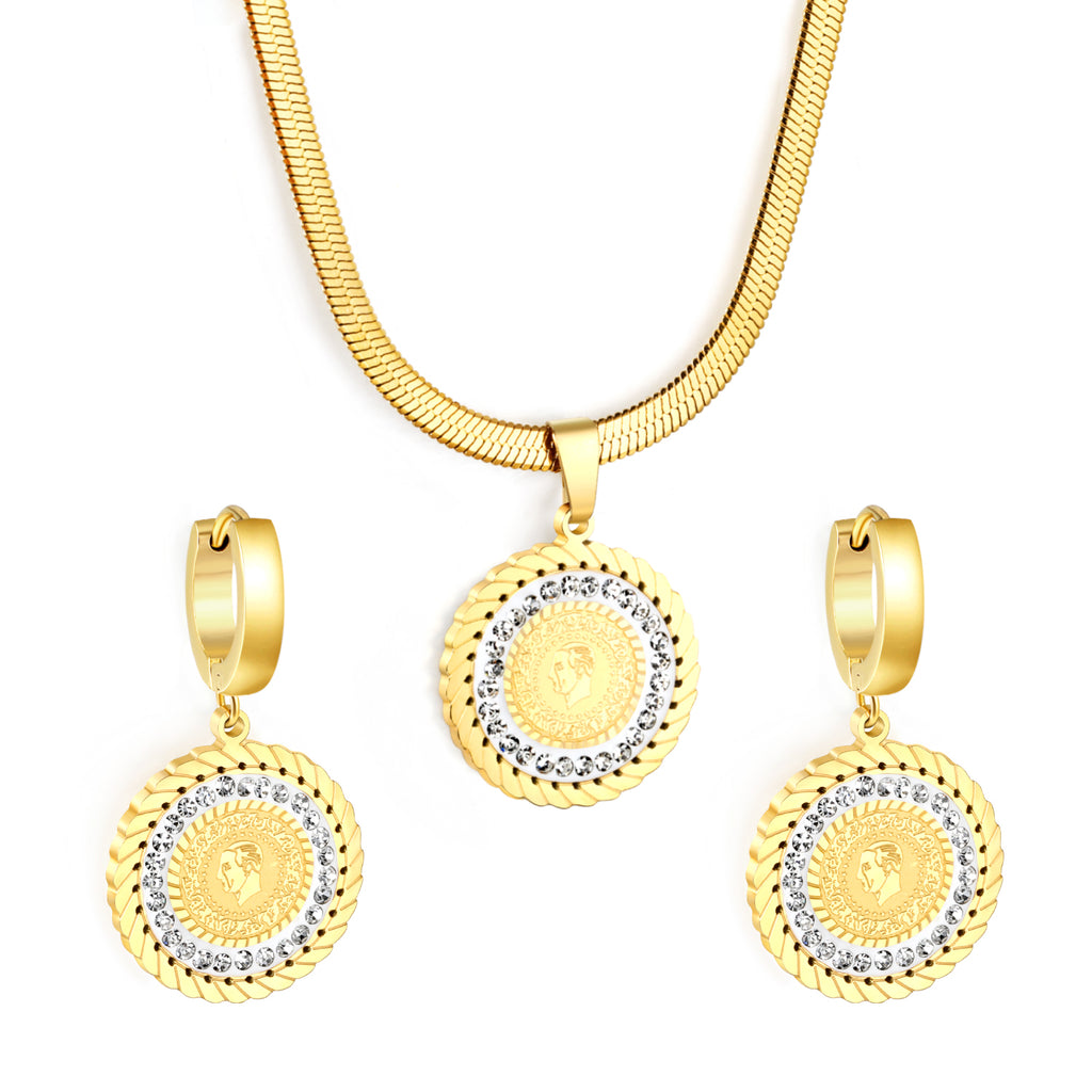 Round Cake Portrait Set Gold Earrings: 20.2mm Pendant: 20.2mm3.2 Push Dense Chain 42+5cm