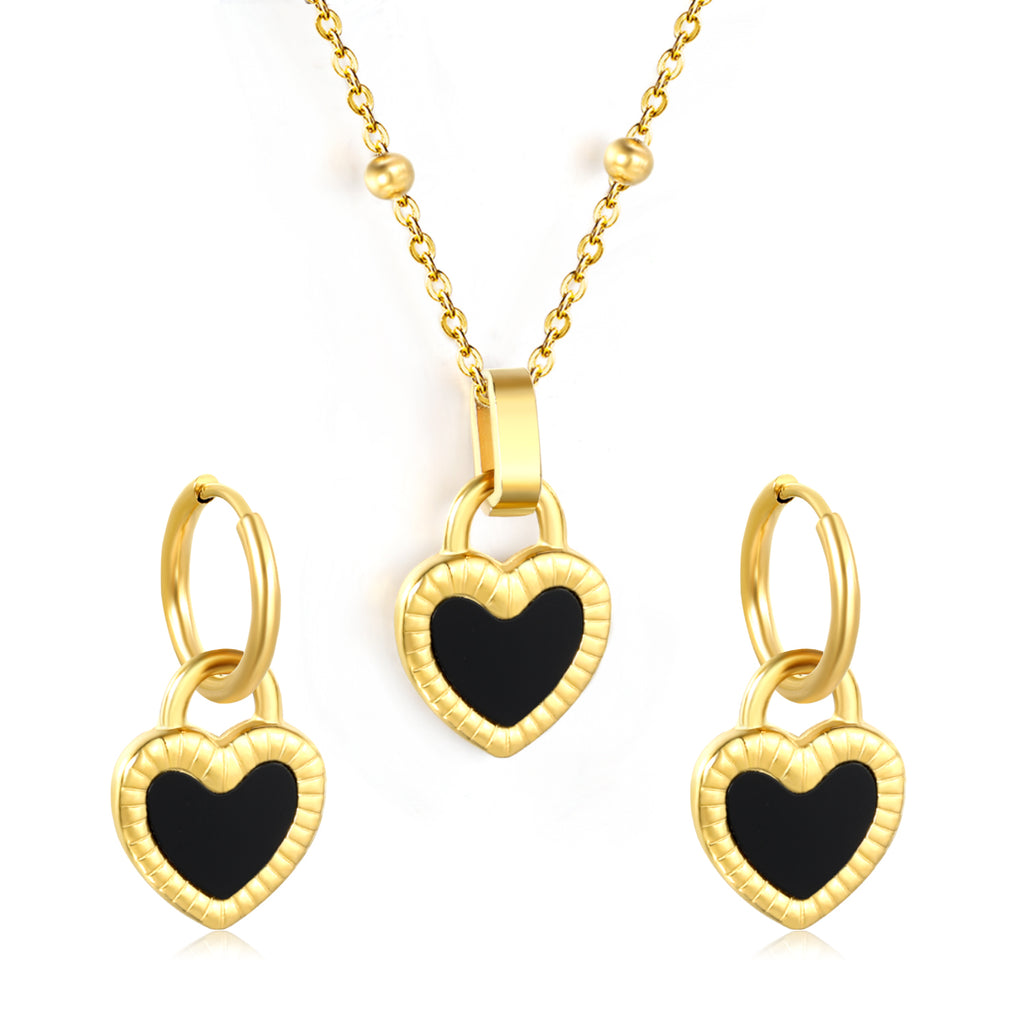 Reversible Black Shells Love Set Gold Earrings: 13.9*18.1mm Pendant: 13.9*18.1mm Clip Bead Chain 47+5cm+6mm Round Tail Plaque