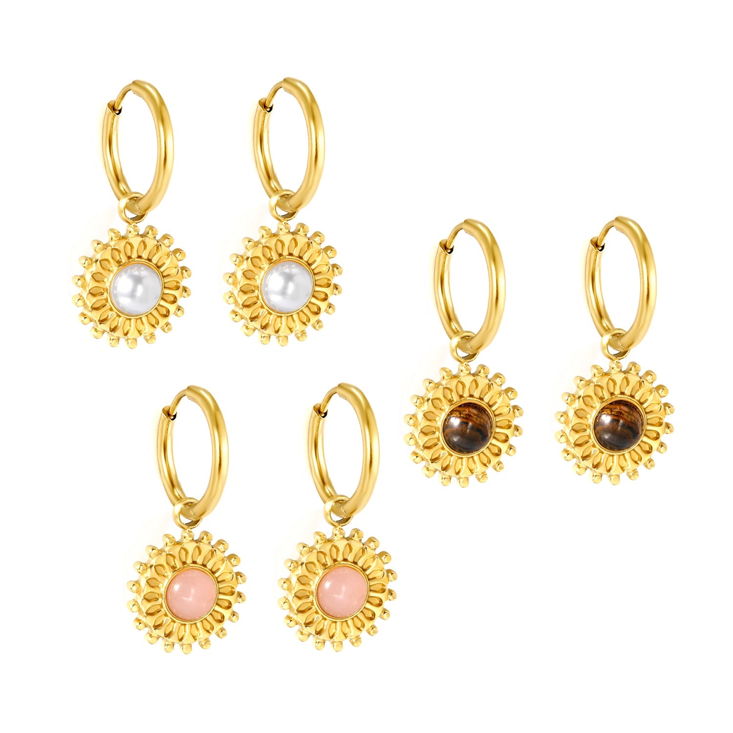 2*12mm I.D. earrings + 15.2mm round pattern face with imitation white pearl/pink crystal/tiger's eye stone fittings Gold color asonjewelry