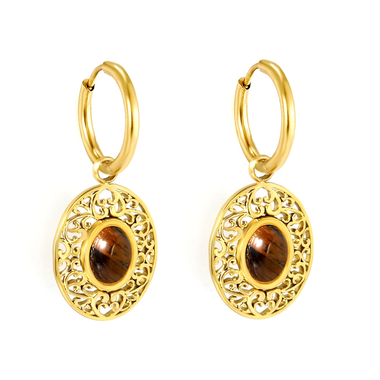 2*12mm I.D. earrings + 15.3*18.7mm oval pattern face band imitation white pearl/pinkstone/tiger's eye stone accessories Earrings Gold color asonjewelry