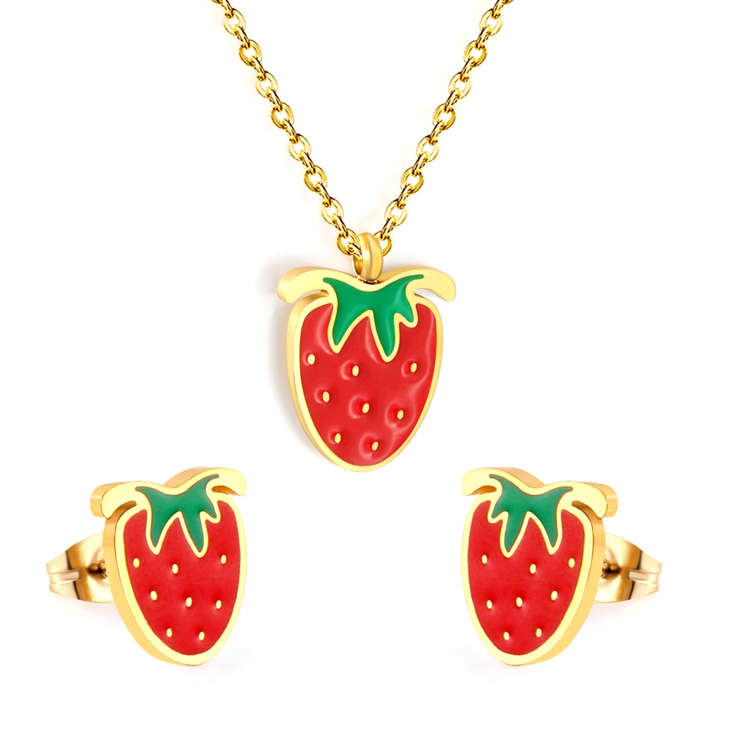 ¡°Strawberry with red oil drip accessories Set Steel color/golden 0.3 cross 40+5+6mm round plate Pendant: 10.7*13.5mm Earrings: 9*10mm asonjewelry