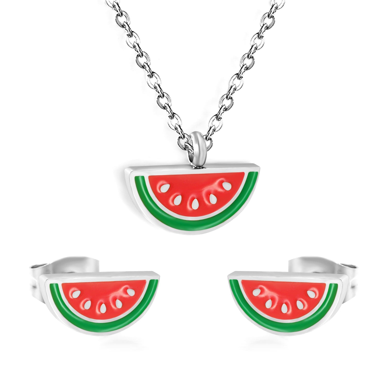 Watermelon Strap Mixed Color Oil Drip Accessories Set Steel / Gold 0.3 Cross 40+5+6mm Round Plaque Pendant: 12*6.5mm Earrings: 10*5mm asonjewelry