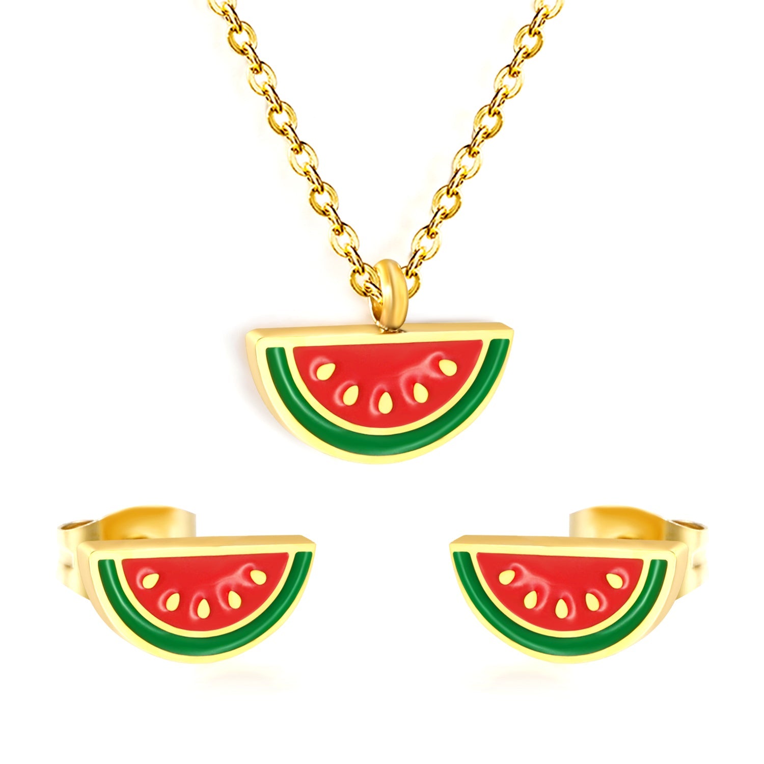 Watermelon Strap Mixed Color Oil Drip Accessories Set Steel / Gold 0.3 Cross 40+5+6mm Round Plaque Pendant: 12*6.5mm Earrings: 10*5mm asonjewelry
