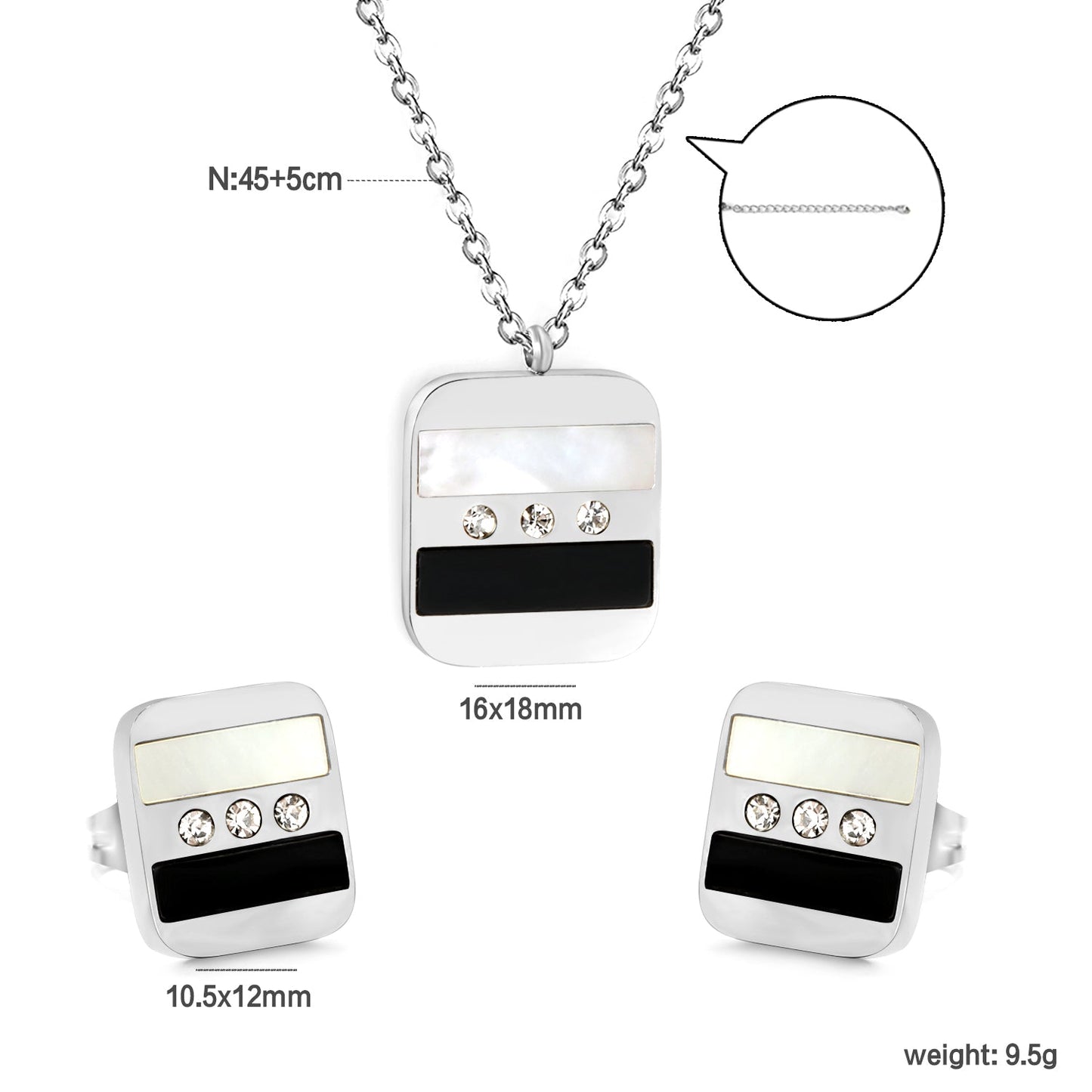 Rectangle Sticky Black and White Shells + White Diamonds Set Steel Color / Gold Earrings: 10.5*12mm Pendant: 16*18mm 04 Cross 45+5cm+6mm Round Plaque asonjewelry