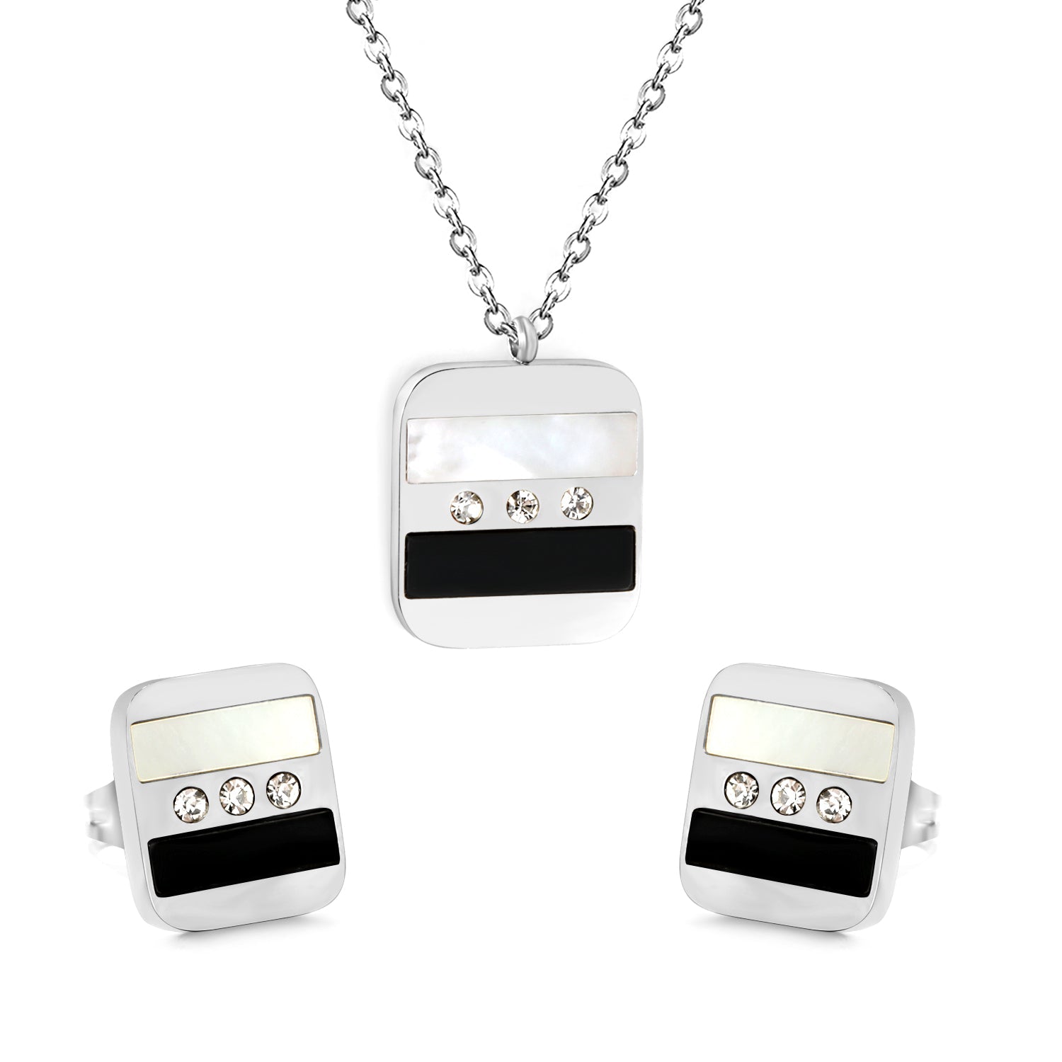 Rectangle Sticky Black and White Shells + White Diamonds Set Steel Color / Gold Earrings: 10.5*12mm Pendant: 16*18mm 04 Cross 45+5cm+6mm Round Plaque asonjewelry