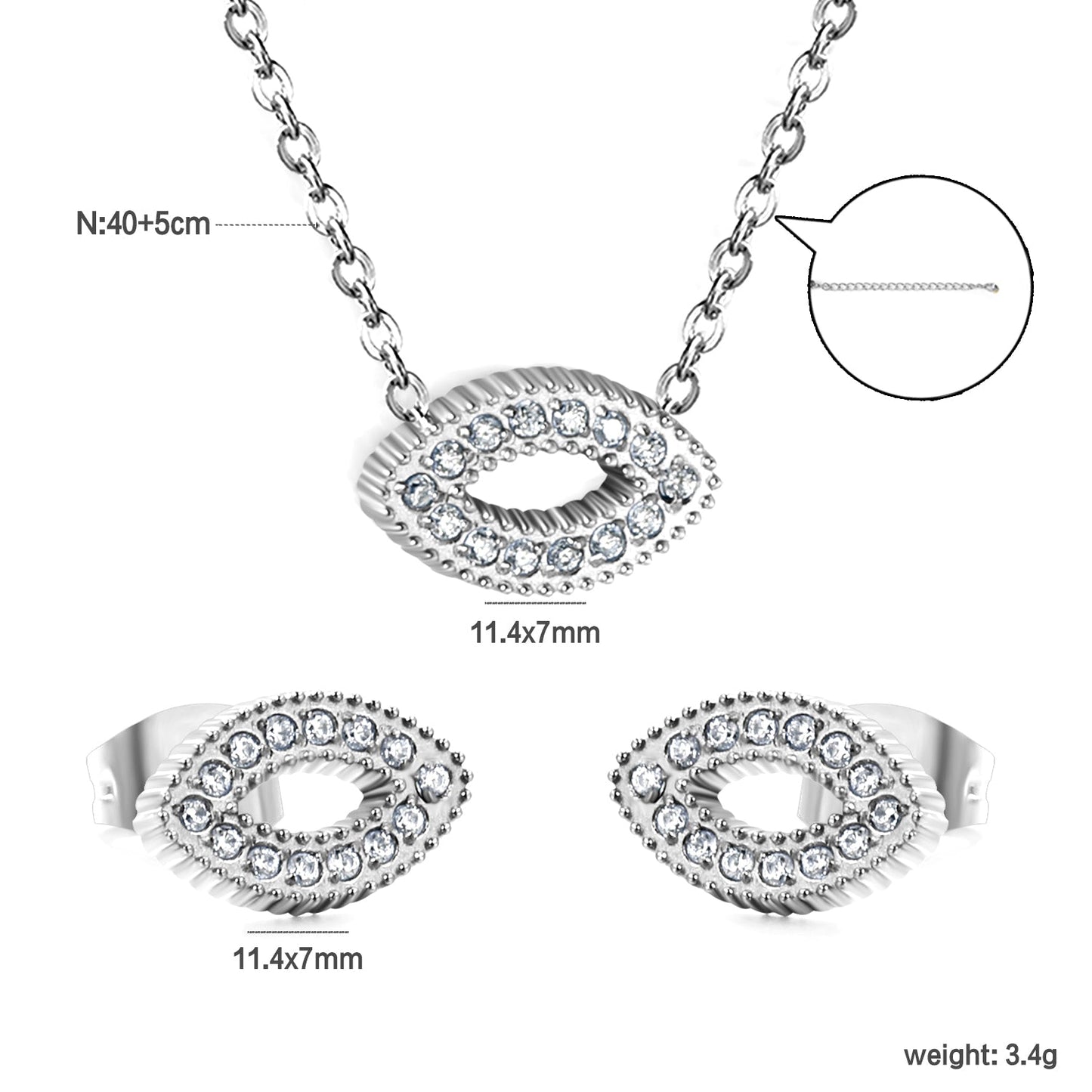 Eye CNC white zirconium accessories Set Steel color / gold 0.3 cross 40+5+6mm round plate Pendant: 11.4*7mm Earring: 11.4*7mm asonjewelry