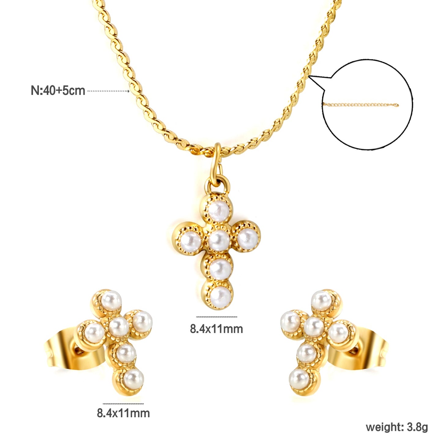 Cross stick imitation white pearl accessories set Gold color Width 1mm S chain 40+5+6mm round plate Pendant: 8.4*11mm Earrings: 8.4*11mm asonjewelry