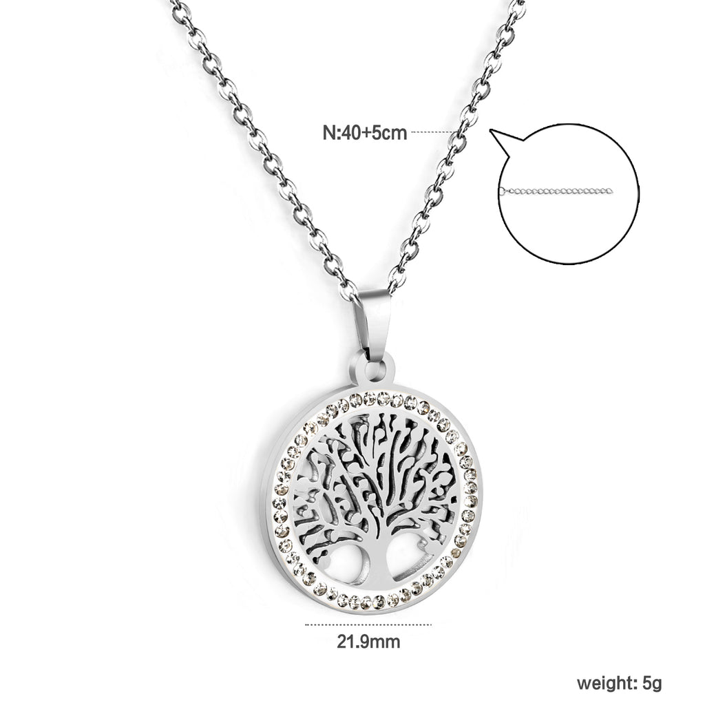 21.9mm Round Hollowed Out Tree of Life with White Diamonds Pendant 40+5cm Necklace Steel/Golden