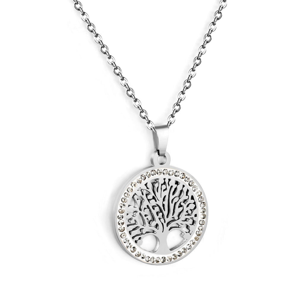 21.9mm Round Hollowed Out Tree of Life with White Diamonds Pendant 40+5cm Necklace Steel/Golden