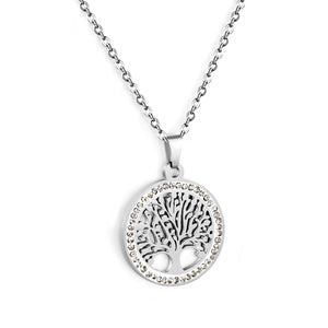 21.9mm Round Hollowed Out Tree of Life with White Diamonds Pendant 40+5cm Necklace Steel/Golden
