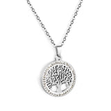 21.9mm Round Hollowed Out Tree of Life with White Diamonds Pendant 40+5cm Necklace Steel/Golden