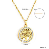 21.9mm Round Hollowed Out Tree of Life with White Diamonds Pendant 40+5cm Necklace Steel/Golden