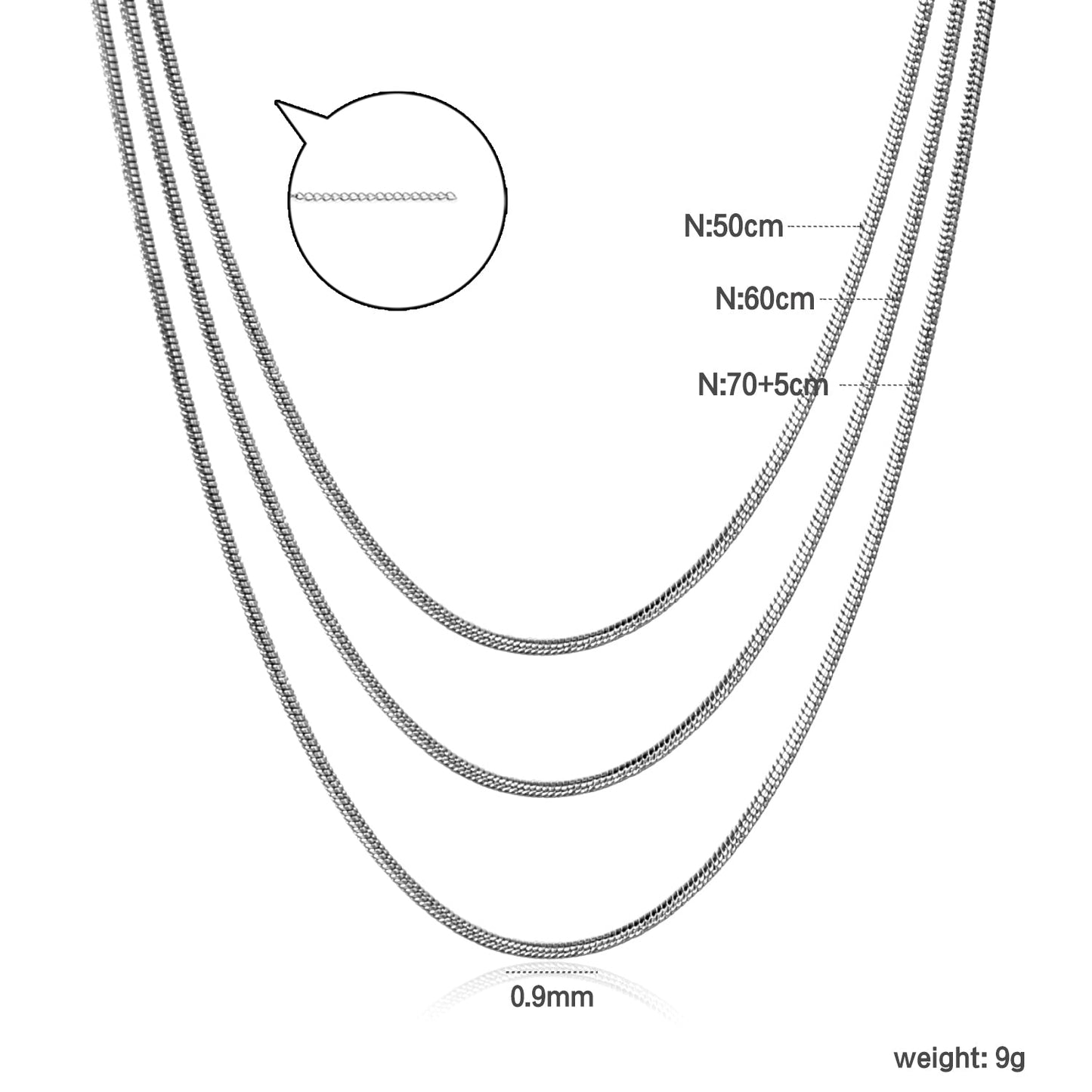 Sweater Chain 0.9 Round Snake 50+60+70cm+5cm+6mm Round Tail Plate Necklace Steel/Golden asonjewelry