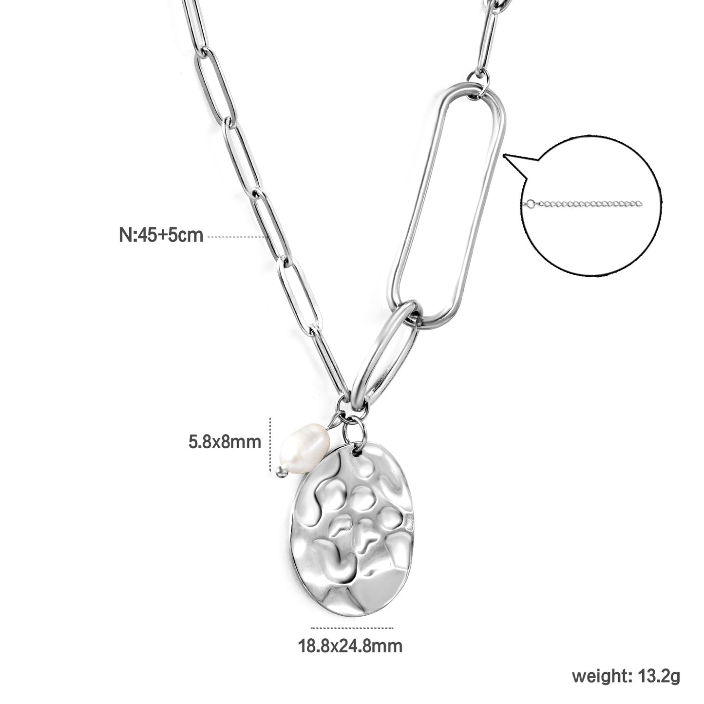 18.8*24.8mm Oval Plaque + 5.3*8mm Freshwater Pearl Pendant 45+5cm+6mm Round Plaque Necklace Steel/Golden asonjewelry