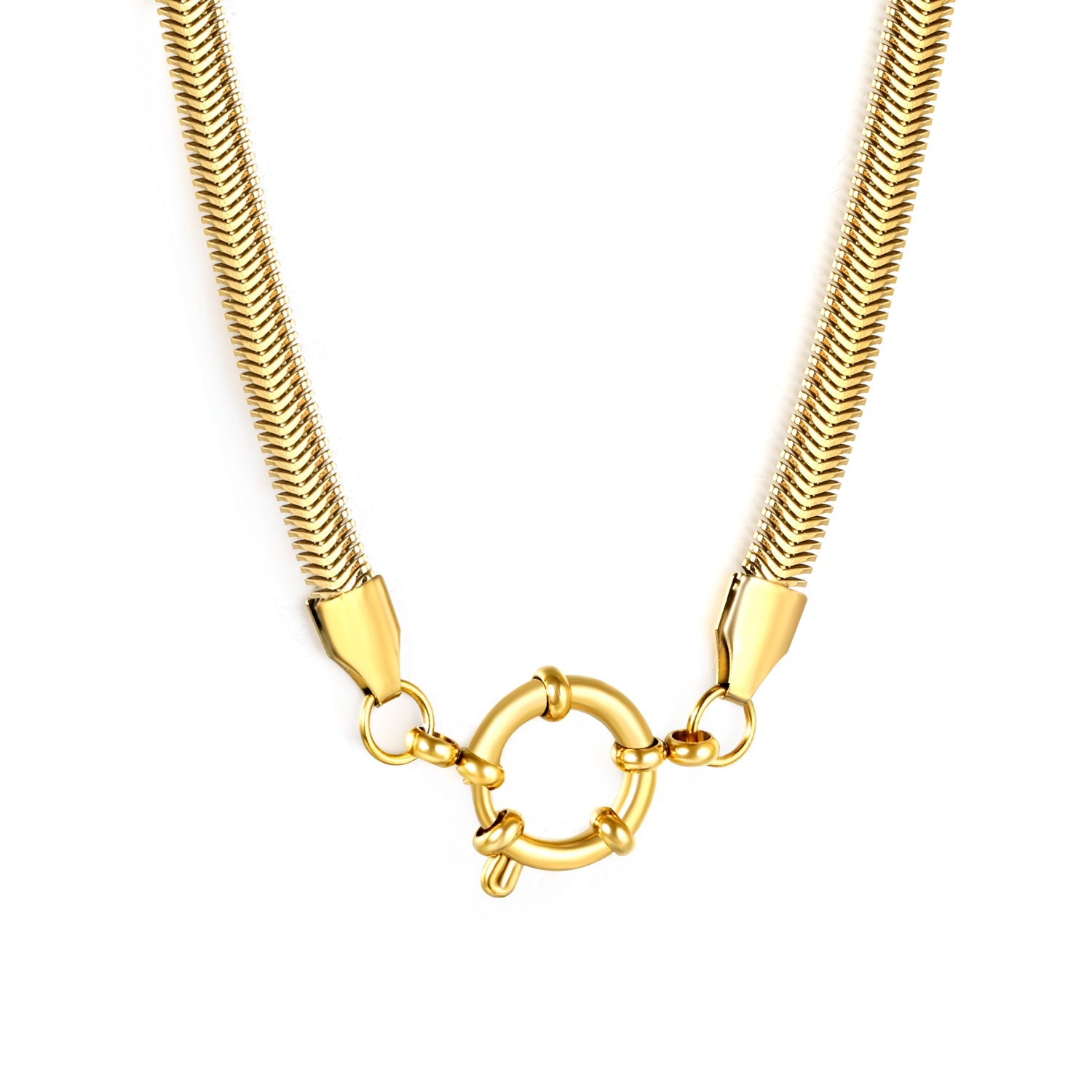 Flat snake chain 5mm wide x 2.2mm thick + 43cm + round clasp outer diameter 14.1mm necklace, gold asonjewelry
